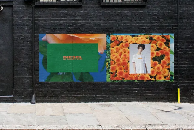 Diesel wheatpasted poster pair on black brick, editorial, photographic, vibrant