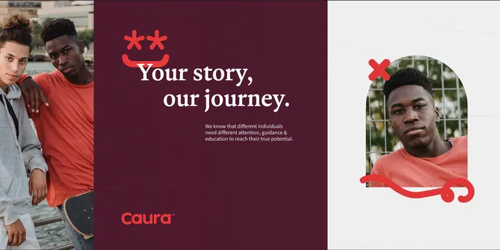 Caura maroon brand spread with smiley mark, editorial, corporate-clean, dark