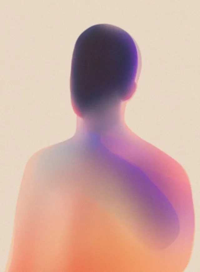 Glowing faceless figure gradient render, abstract, gradient-heavy, gradient