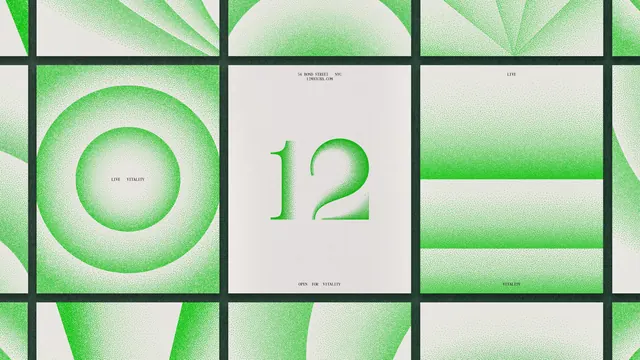 Matcha brand poster grid in stippled green, typographic, geometric, vibrant