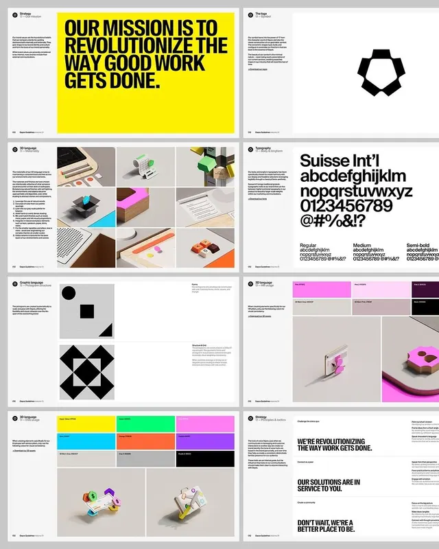 Brand guidelines deck grid with yellow and 3D icons, corporate-clean, swiss, light