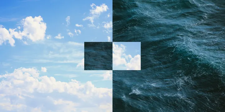 Sky-meets-ocean split photo with swapped squares, abstract, minimal, light