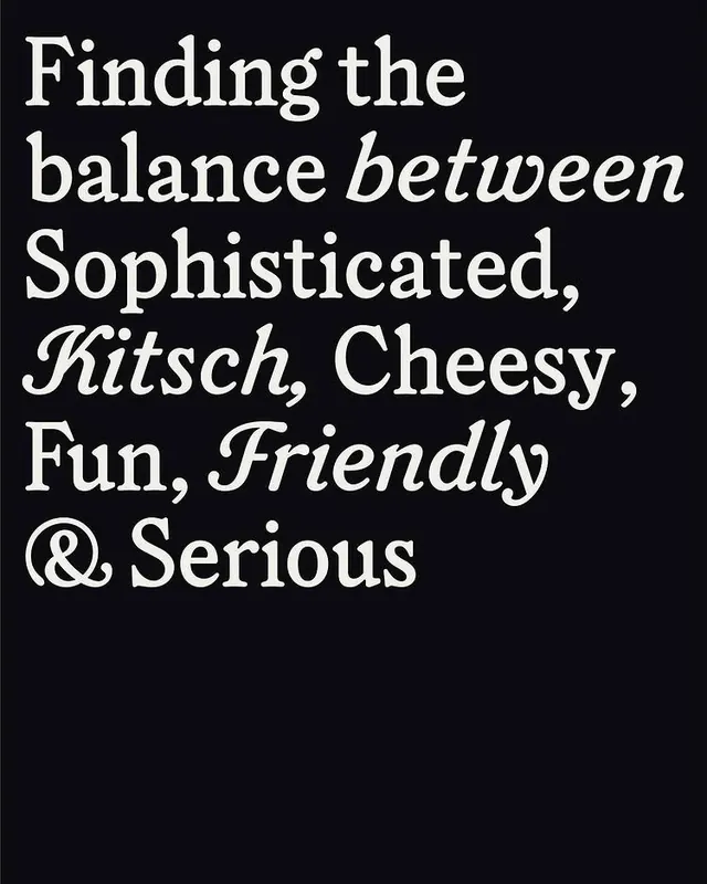 Roman-and-italic serif brand statement on black, editorial, minimal, dark