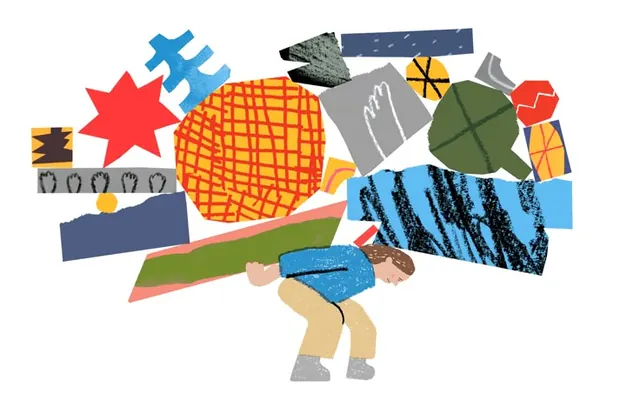 Cut-paper collage figure carrying shapes, illustrated, abstract, vibrant