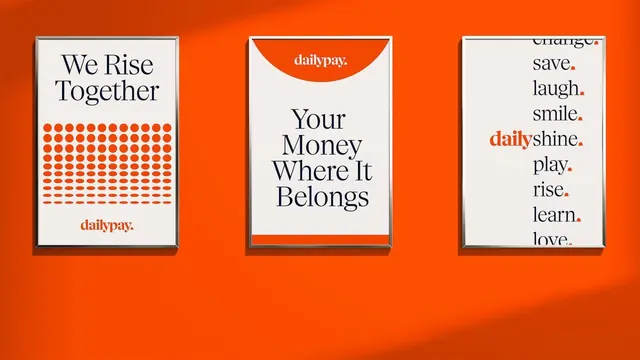 DailyPay framed poster trio on orange wall, editorial, minimal, vibrant