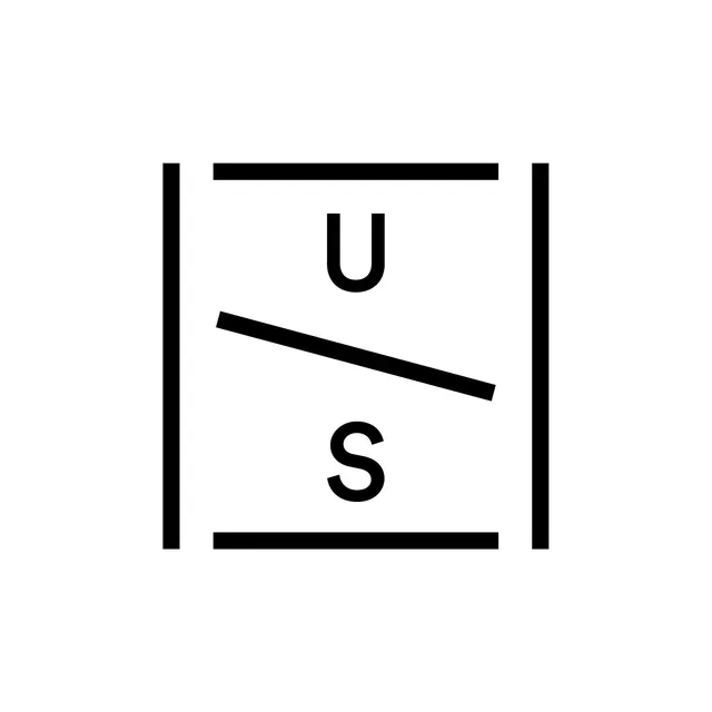 U/S monogram logo with diagonal rule in square bracket frame, minimal, line-art, light