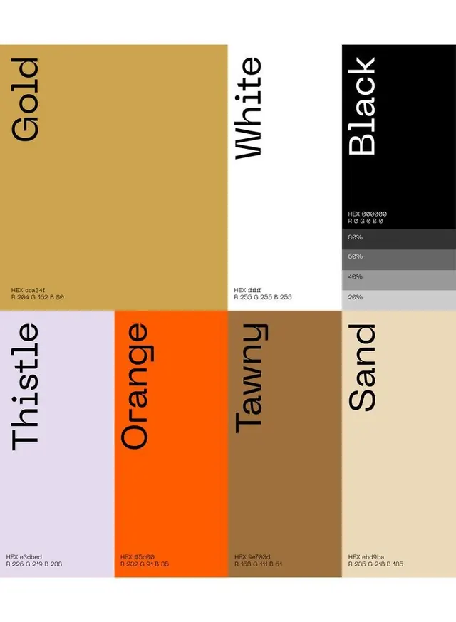 Named color-block palette specimen sheet, minimal, swiss, warm