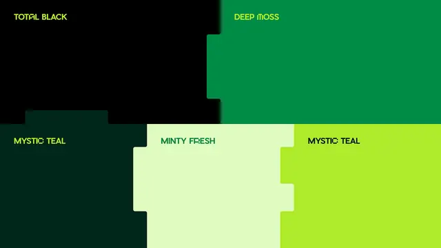 Green brand palette with interlocking blocks, minimal, flat, dark