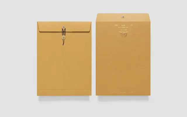 Kraft string-and-button mailing envelopes, minimal, corporate-clean, earthy