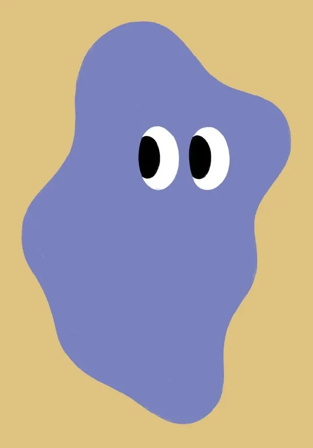 Googly-eyed periwinkle blob character, flat, organic, pastel