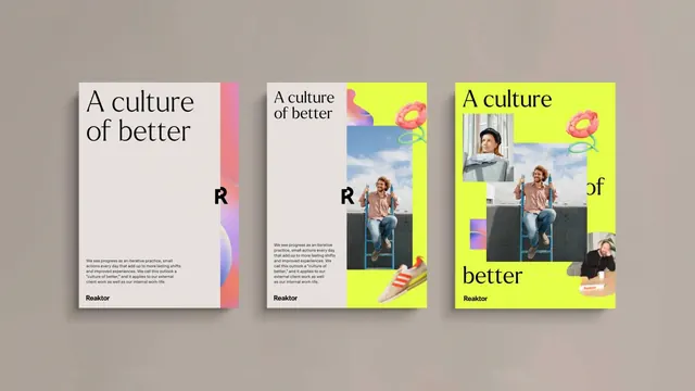 Three-poster brand layout progression, editorial, minimal, light
