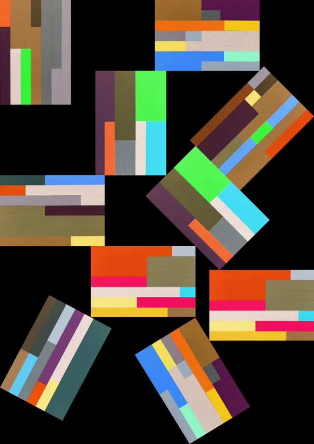 Scattered glitch color-block tiles on black, geometric, abstract, vibrant