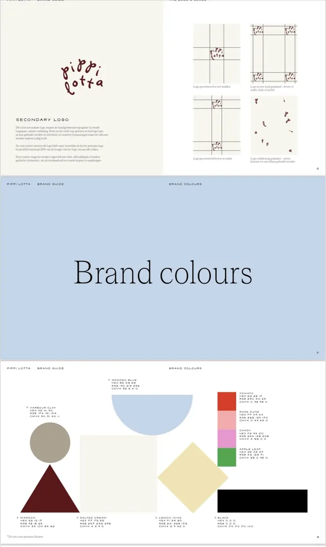 Pippi Lotta brand guide colour pages, minimal, editorial, light