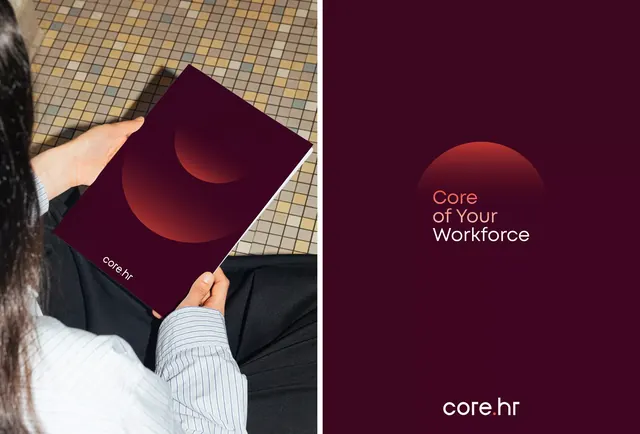 core.hr maroon brochure and gradient sun mark, minimal, corporate-clean, dark