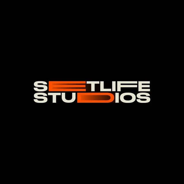 Setlife Studios speed-streak wordmark, retro, geometric, dark