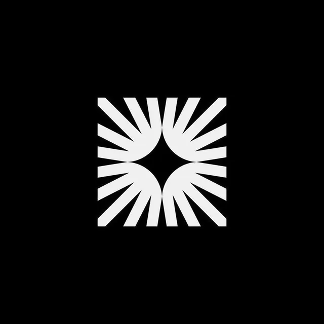 Radiating four-burst square logo mark, geometric, minimal, dark