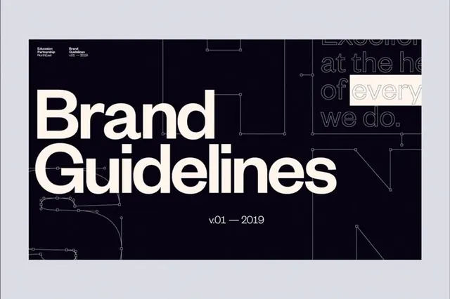 Brand Guidelines cover with bezier-path line art, minimal, swiss, dark