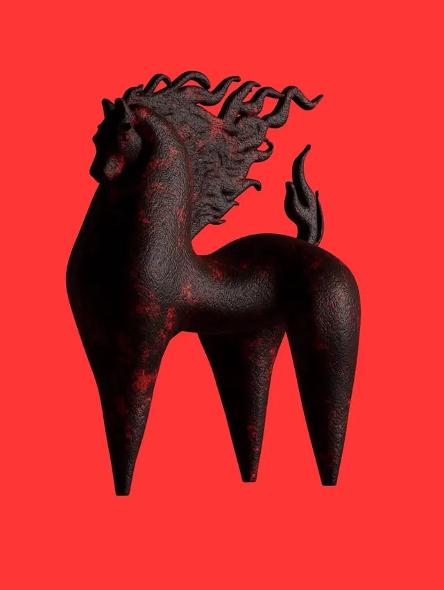 Lava-textured 3D horse on red, 3d-render, abstract, vibrant
