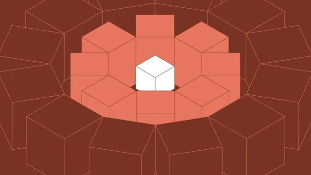 White cube centered in coral cube cluster, geometric, abstract, earthy