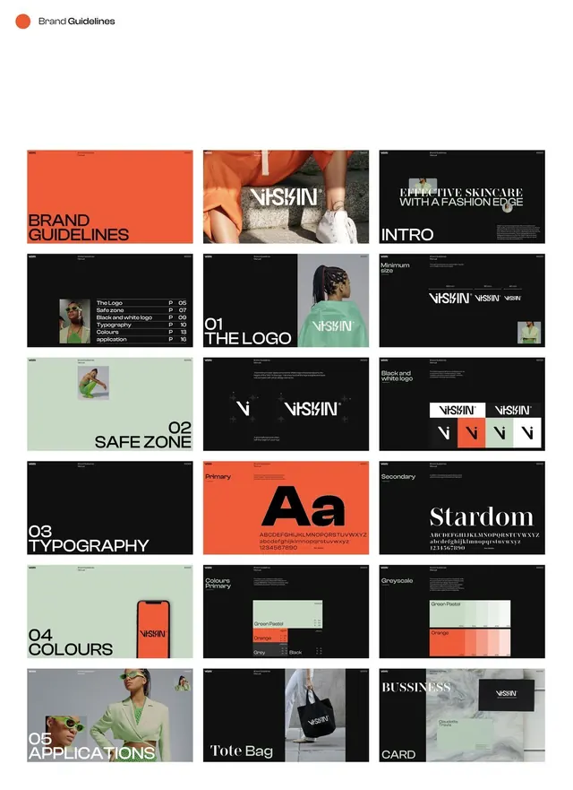 VISKIN skincare brand guidelines grid, minimal, editorial, dark