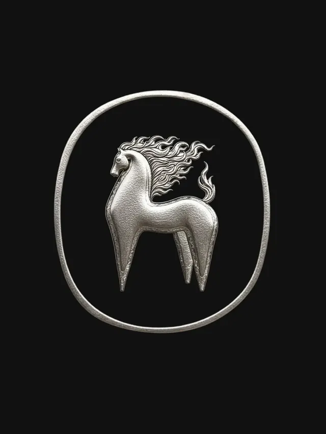 Etruscan-style silver horse mark in a hand-drawn ring, minimal, monochrome, dark