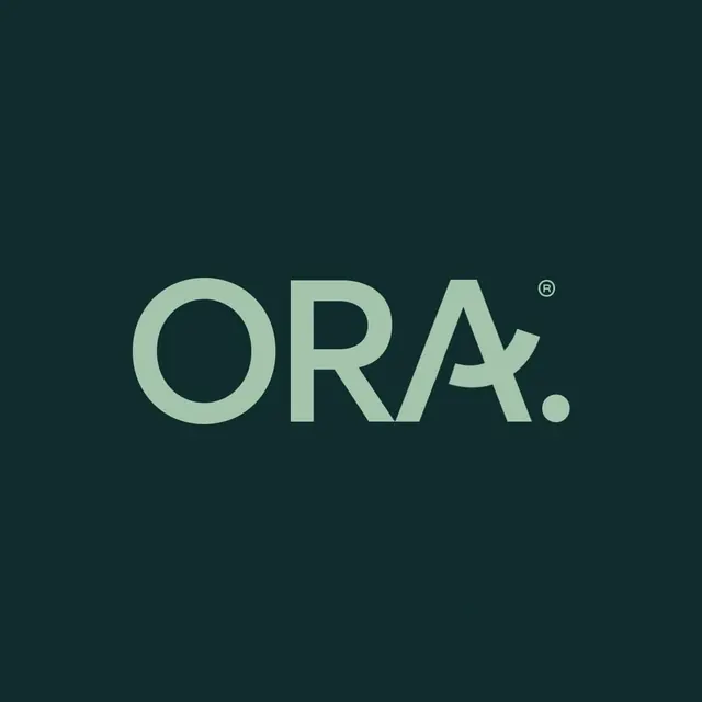 ORA. sage-on-teal geometric wordmark, minimal, corporate-clean, dark