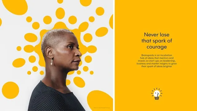 Brainsparks yellow-dot split brand spread, minimal, corporate-clean, vibrant