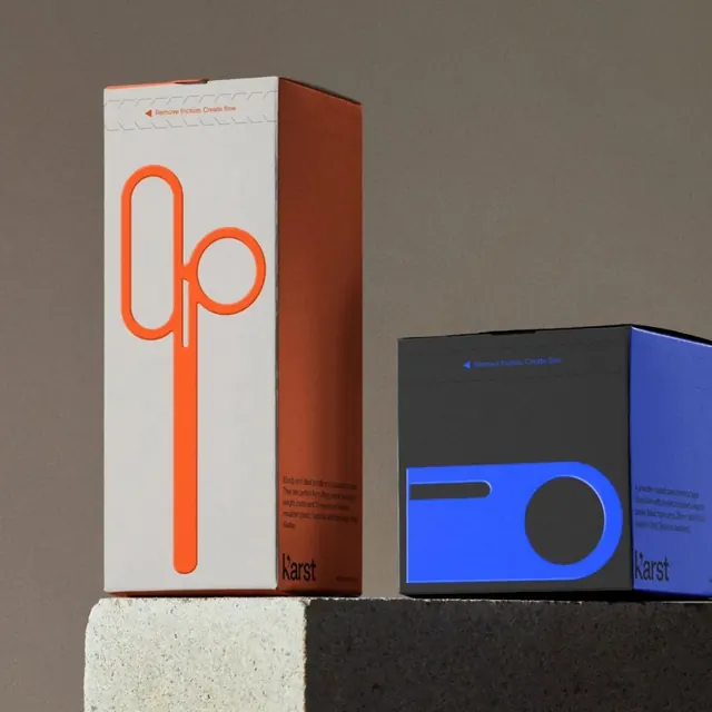 Karst stationery packaging with oversized line-art icons, minimal, geometric, warm