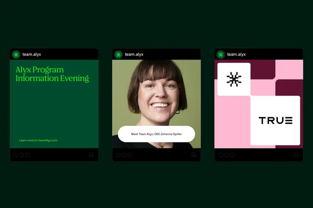 Alyx social post templates in green and pink, corporate-clean, geometric, dark