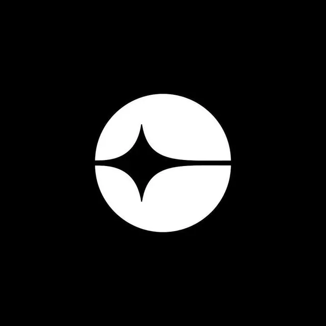 Circle-and-sparkle negative-space logomark, minimal, geometric, dark