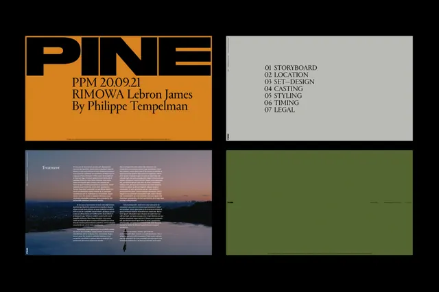 PINE production deck spreads, editorial, minimal, warm