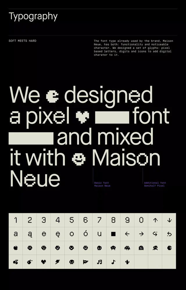 Typography page mixing Maison Neue with pixel glyphs, editorial, technical, dark