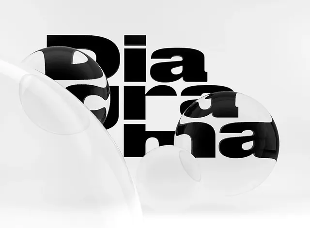 Diagrama logo with 3D overlapping circular forms and black sans-serif type, minimal, geometric, monochrome