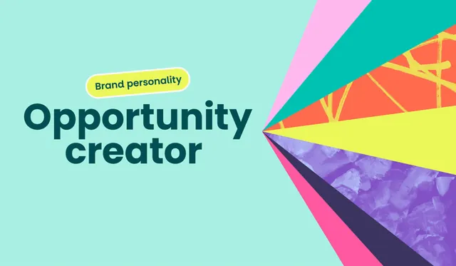 Brand personality slide with prismatic fan graphic, geometric, playful, vibrant