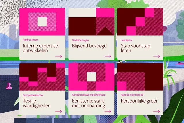 Magenta pixel-art card grid for an HR learning portal, geometric, flat, vibrant