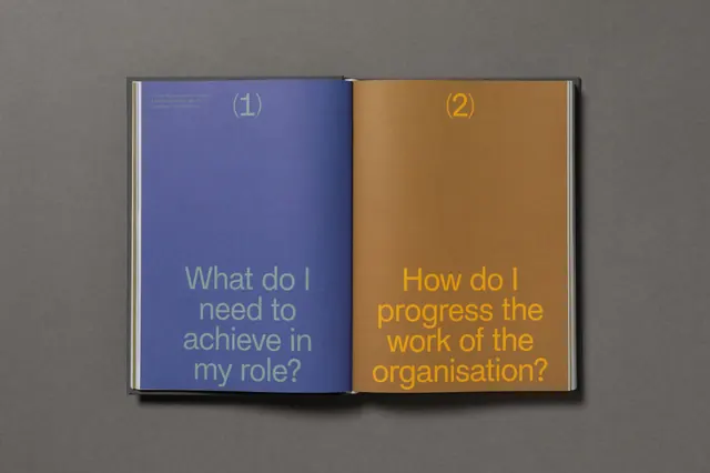 Booklet spread with numbered questions on blue and tan pages, editorial, minimal, earthy