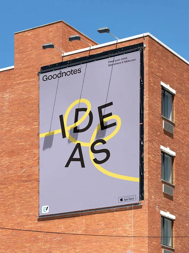 Goodnotes IDEAS billboard with yellow squiggle, minimal, corporate-clean, muted