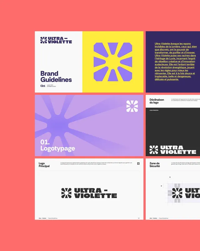 Ultra-Violette brand guidelines, coral and purple, geometric, minimal, warm