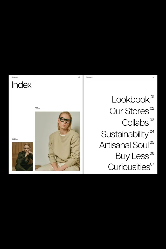 El visionario' eyewear lookbook index spread, minimal, editorial, light