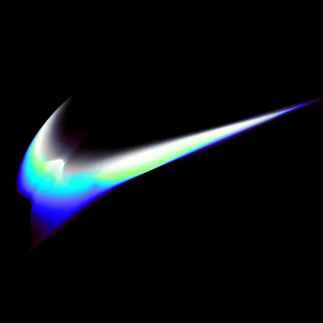 Nike Swoosh glowing gradient logo, geometric, dark-mode, vibrant