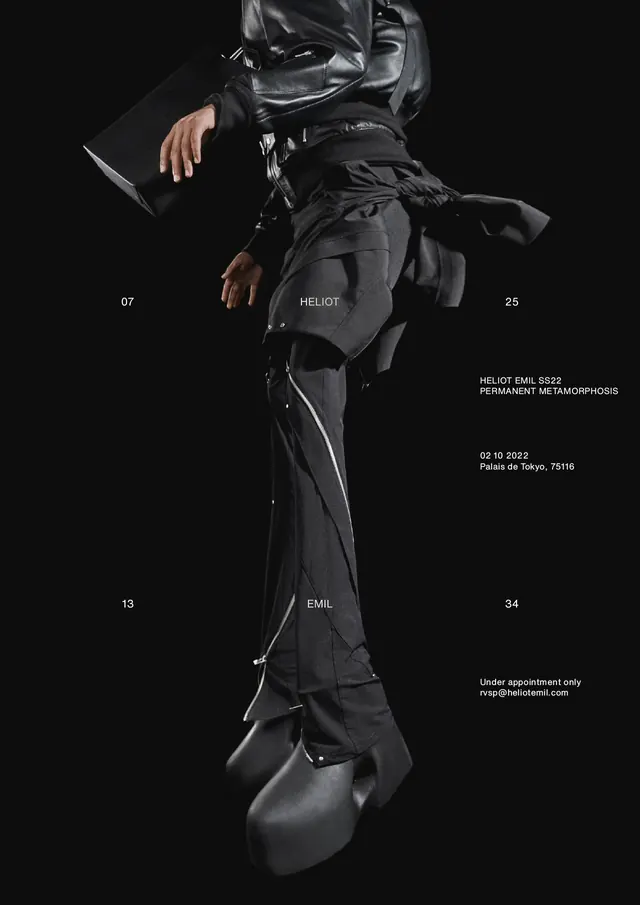 Dark fashion identity design with numbered garment details, dark-mode, minimalist, dark