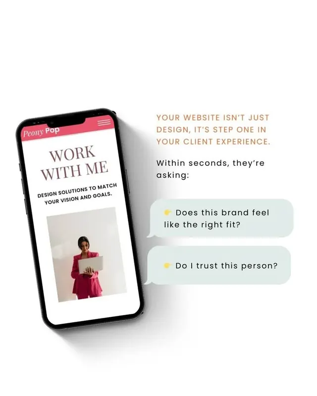Peony Pop 'Work With Me' phone mockup with chat bubbles, minimal, editorial, light