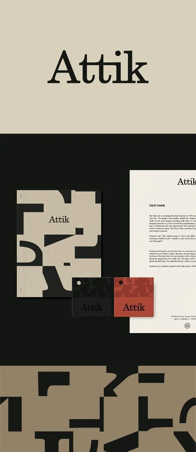 Attik identity with cropped-letter pattern, minimal, geometric, earthy
