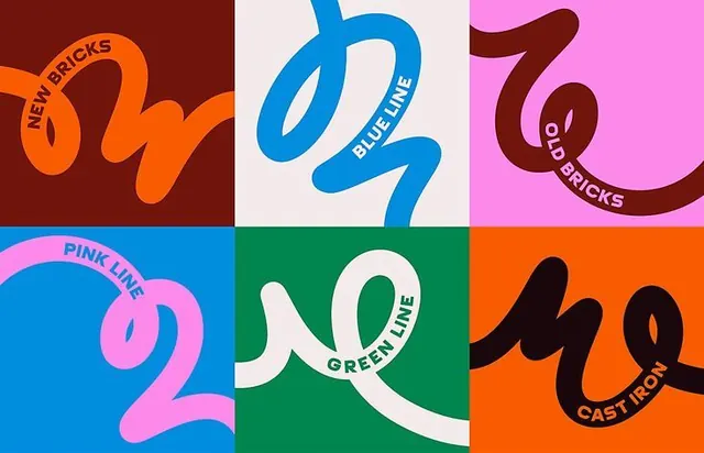 Looping ribbon wordmark color grid, abstract, playful, vibrant