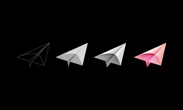 Paper plane wireframe-to-render sequence, 3d-render, minimal, dark