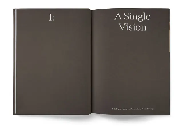 Brown chapter-opener book spread, minimal, editorial, earthy