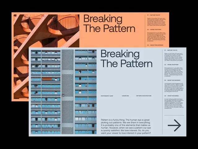 Breaking The Pattern editorial spread mockups, editorial, swiss, cool