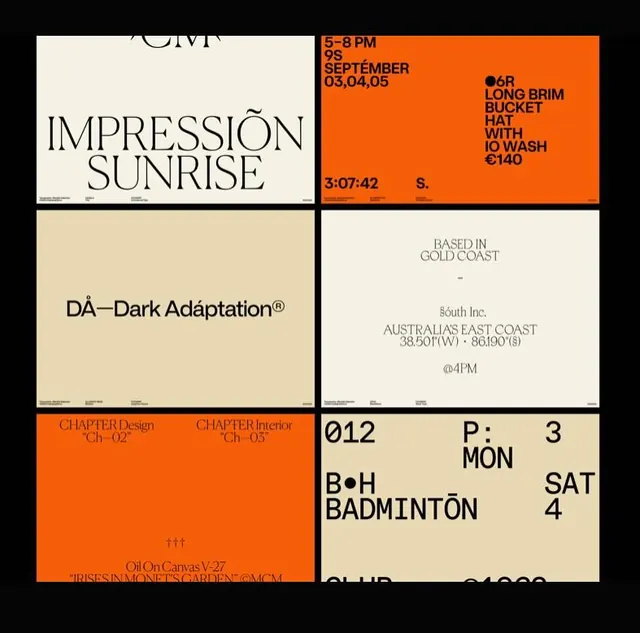 Typographic poster grid in serif and orange, editorial, swiss, warm