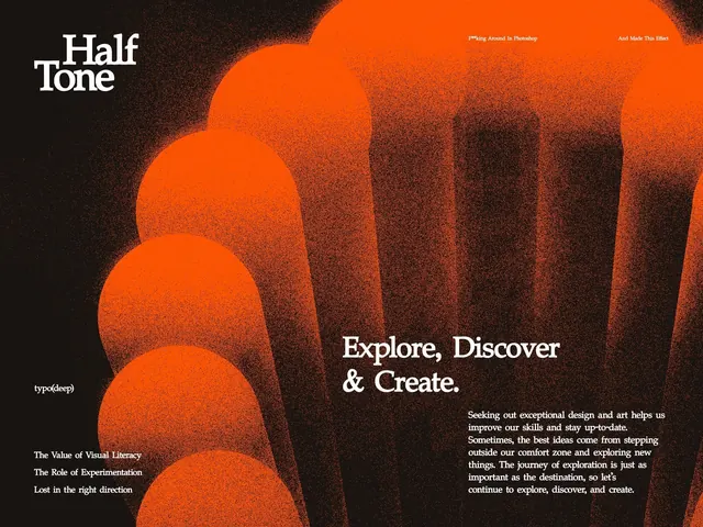 Half Tone studio hero with grainy orange stacked arcs, editorial, gradient-heavy, dark
