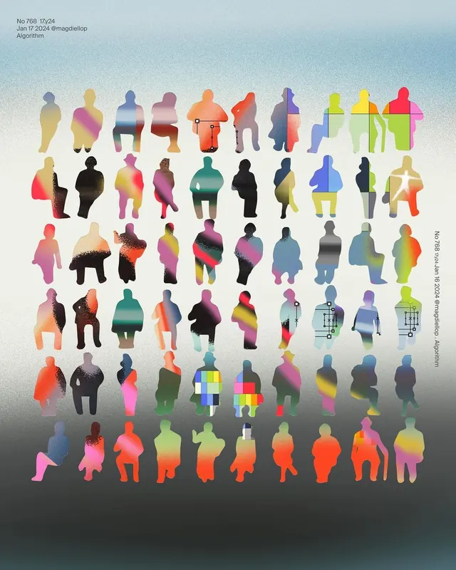 Generative figure-grid color system poster, abstract, gradient-heavy, cool